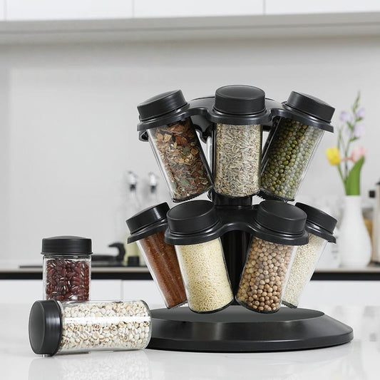 360° Rotating Carousel Spice Rack with Glass Jars – 12-Piece Kitchen Organizer
