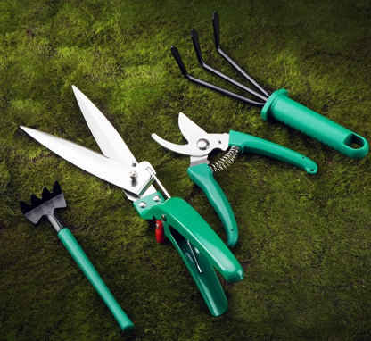 Green gardening hand tools organised in case