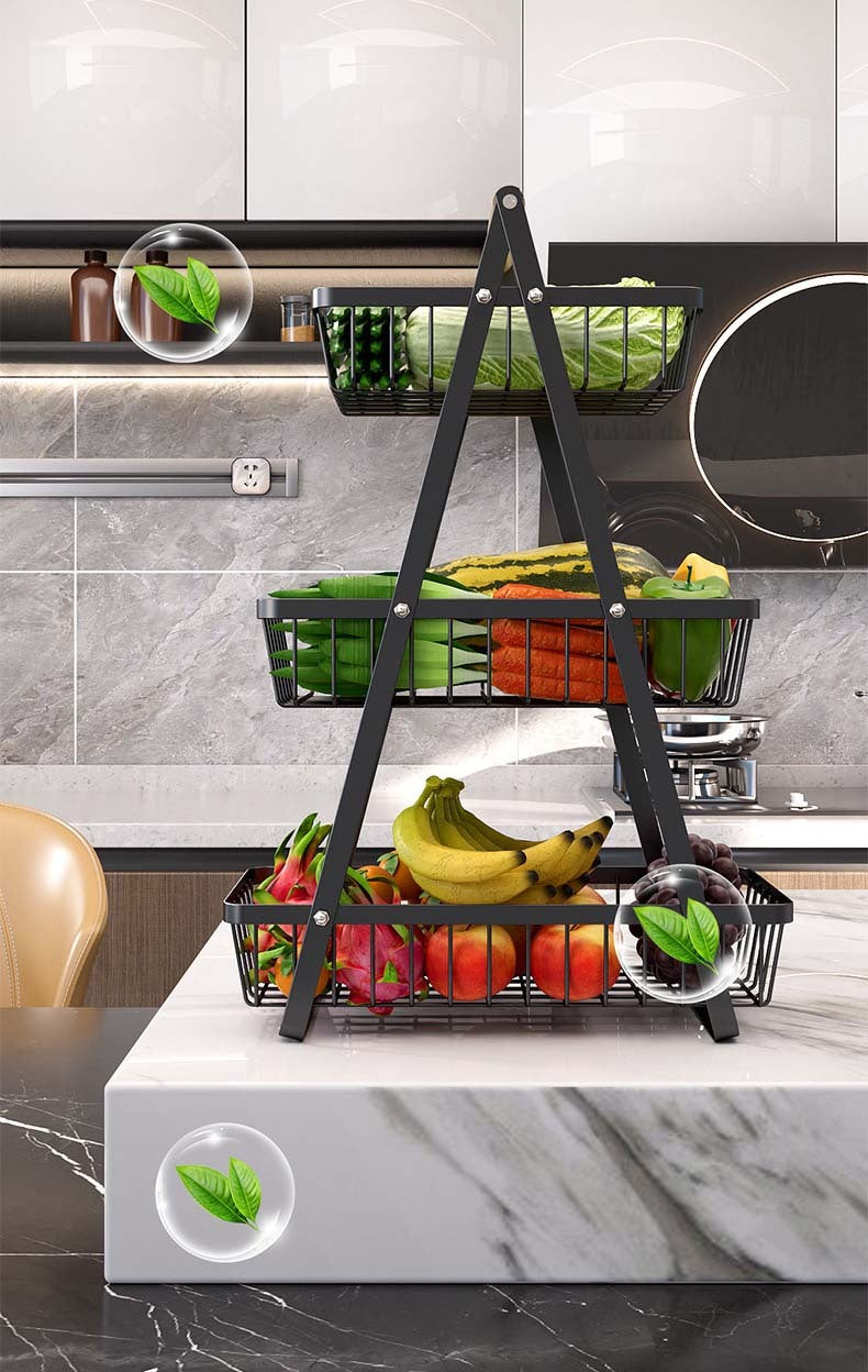 3-Tier Metal Wire Fruit & Vegetable Storage Basket with Wooden Handle