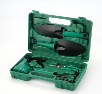 Dark green garden tool set with carrying case