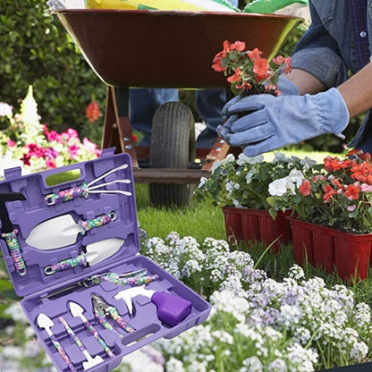 Purple floral garden tool set with carrying case