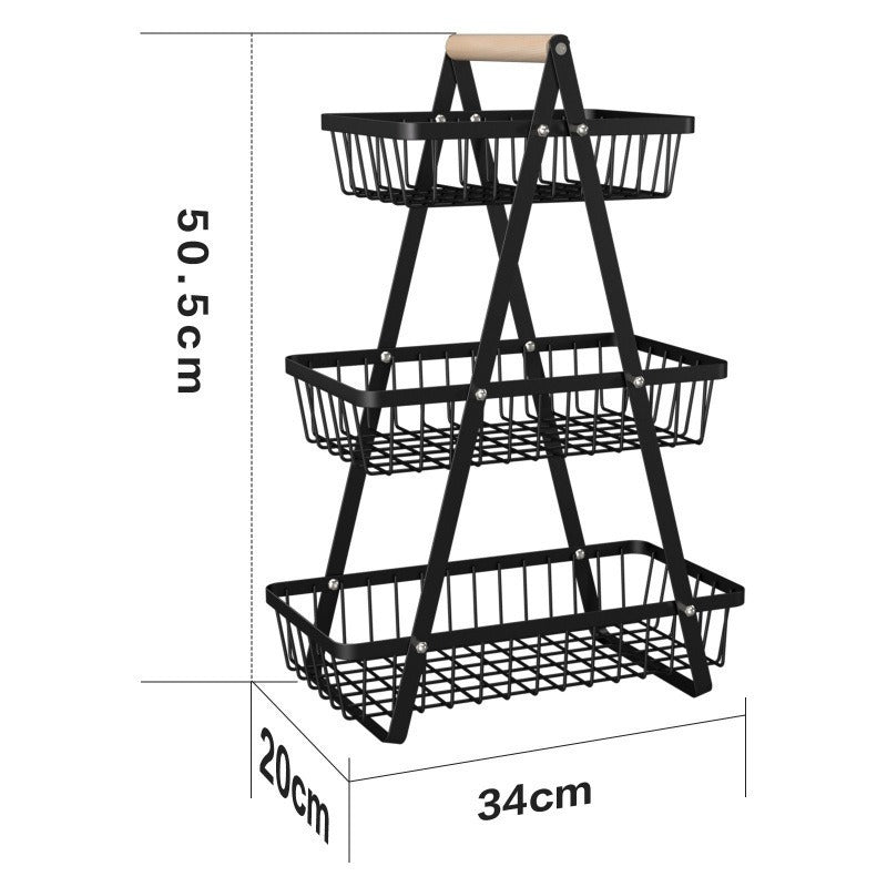 3-Tier Metal Wire Fruit & Vegetable Storage Basket with Wooden Handle