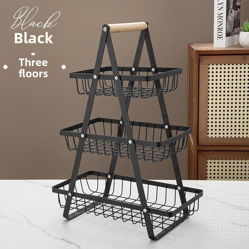 3-Tier Metal Wire Fruit & Vegetable Storage Basket with Wooden Handle