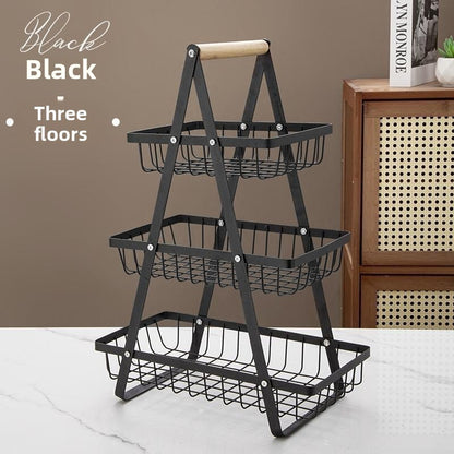 3-Tier Metal Wire Fruit & Vegetable Storage Basket with Wooden Handle