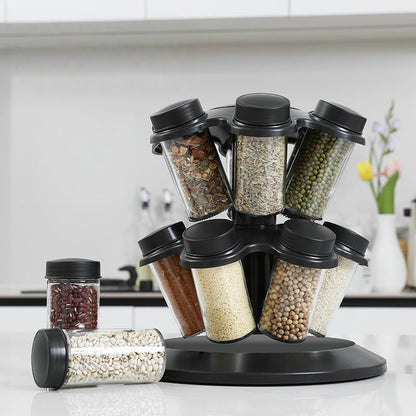360° Rotating Carousel Spice Rack with Glass Jars – 12-Piece Kitchen Organizer