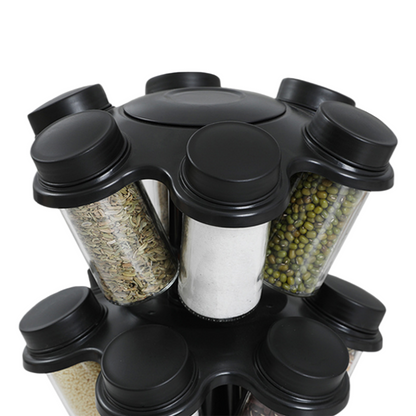 360° Rotating Carousel Spice Rack with Glass Jars – 12-Piece Kitchen Organizer