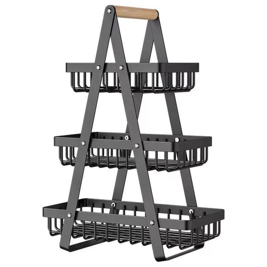 3-Tier Metal Wire Fruit & Vegetable Storage Basket with Wooden Handle
